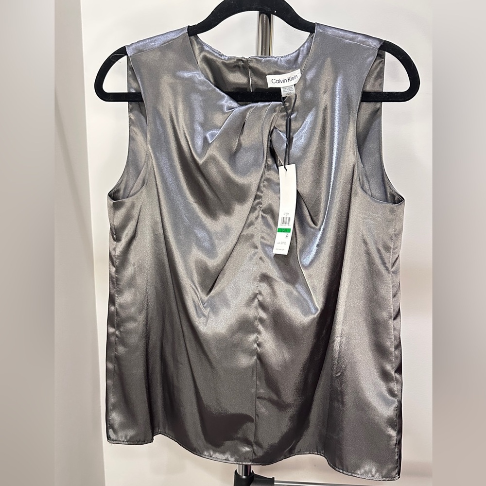Calvin Klein Metallic Silver Twist Front Sleeveless Blouse, Large